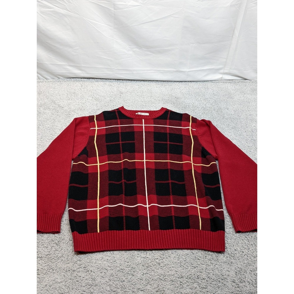 Grandpa Christmas Sweater Mens XL Geoffrey Beene Red Windowpane Plaid Crewneck‎